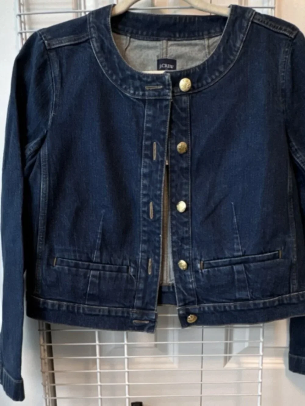 NWT J Crew Factory Denim Lady Jacket Blue Jean Gold Button Collarless Coat Size